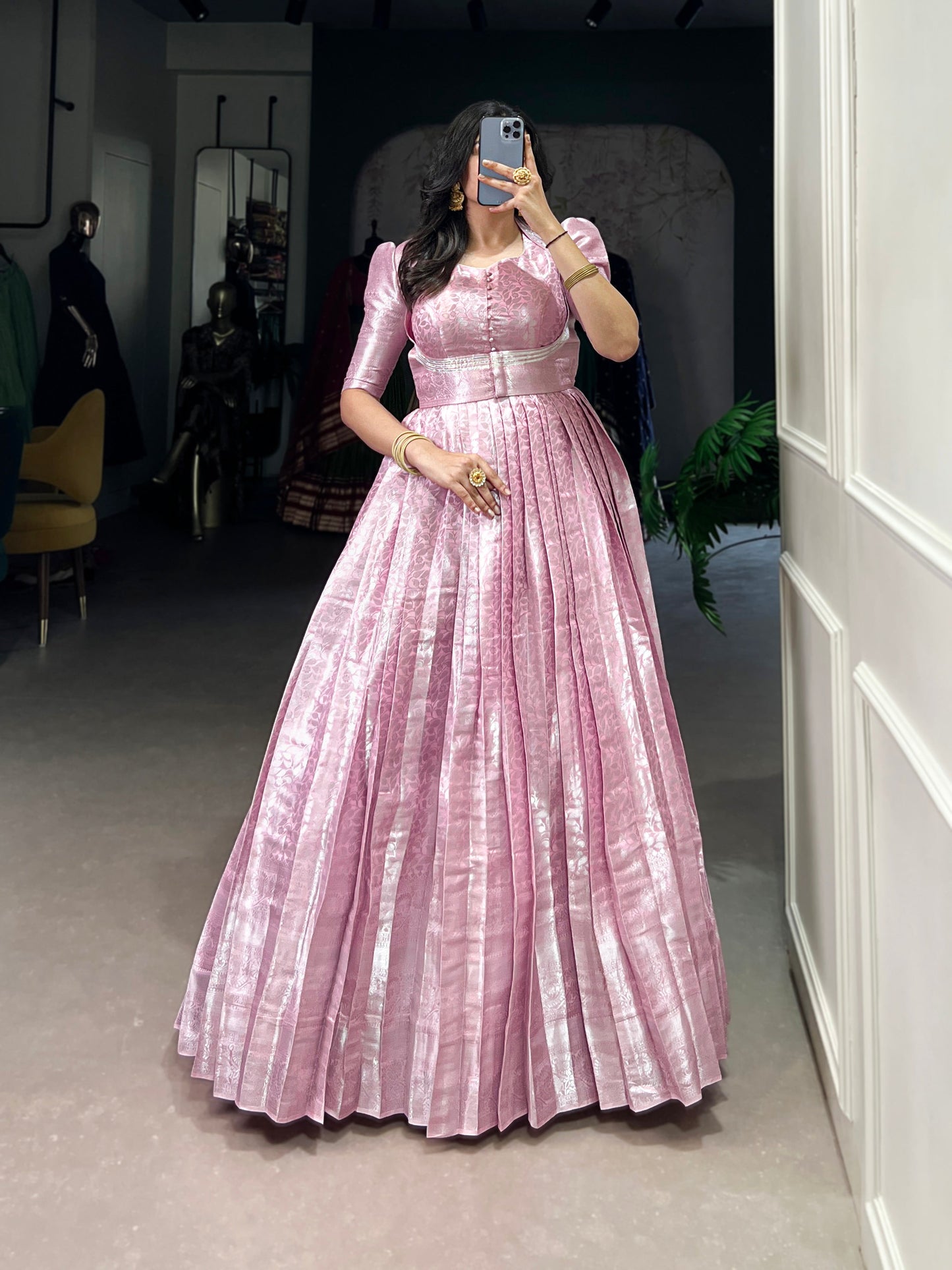 Lorenvalley Fashion Pink Kanjivaram Zari Weaving Work With Lace Touch Up Gown with Koti - Swadesiicart