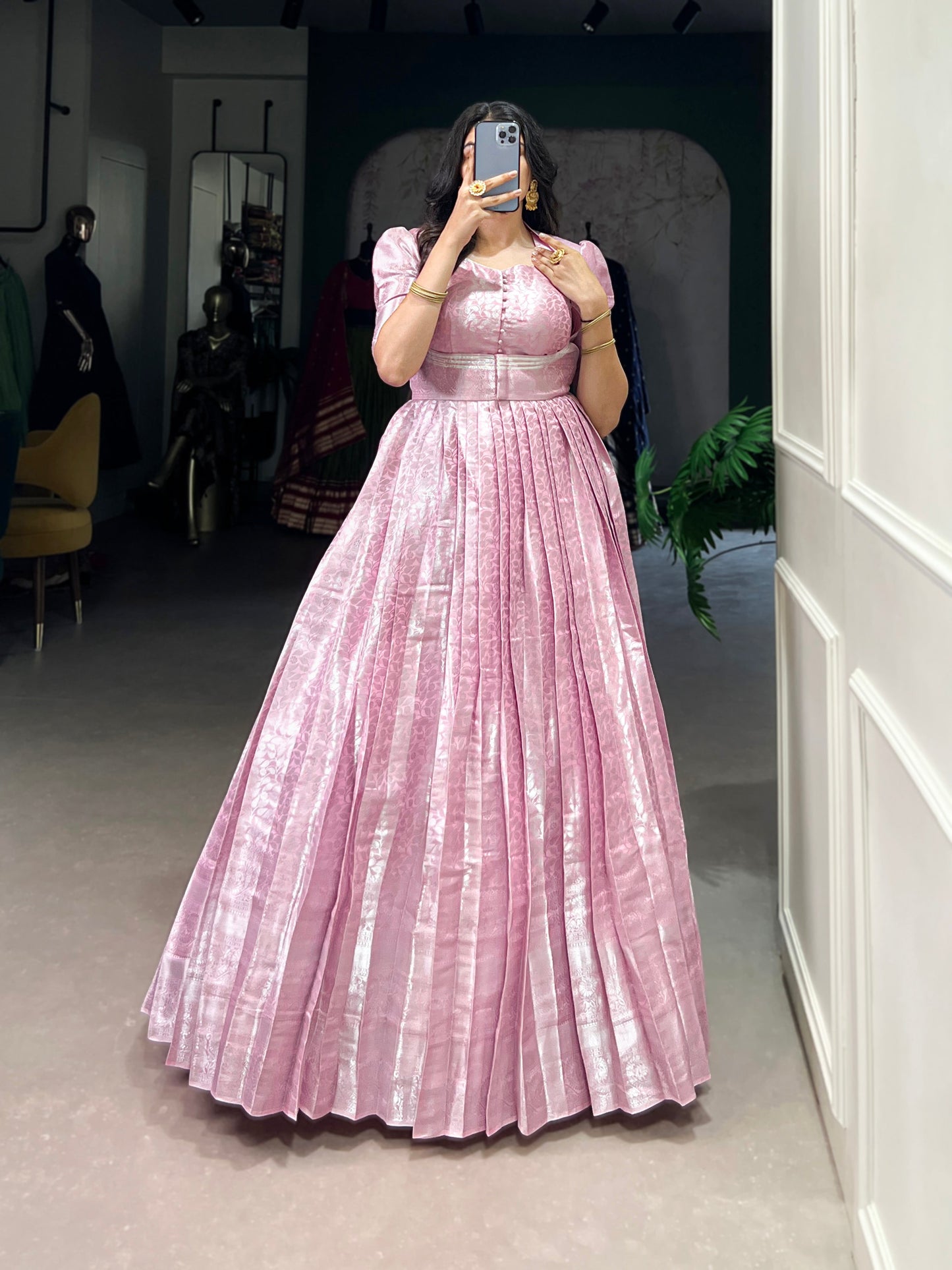 Lorenvalley Fashion Pink Kanjivaram Zari Weaving Work With Lace Touch Up Gown with Koti - Swadesiicart