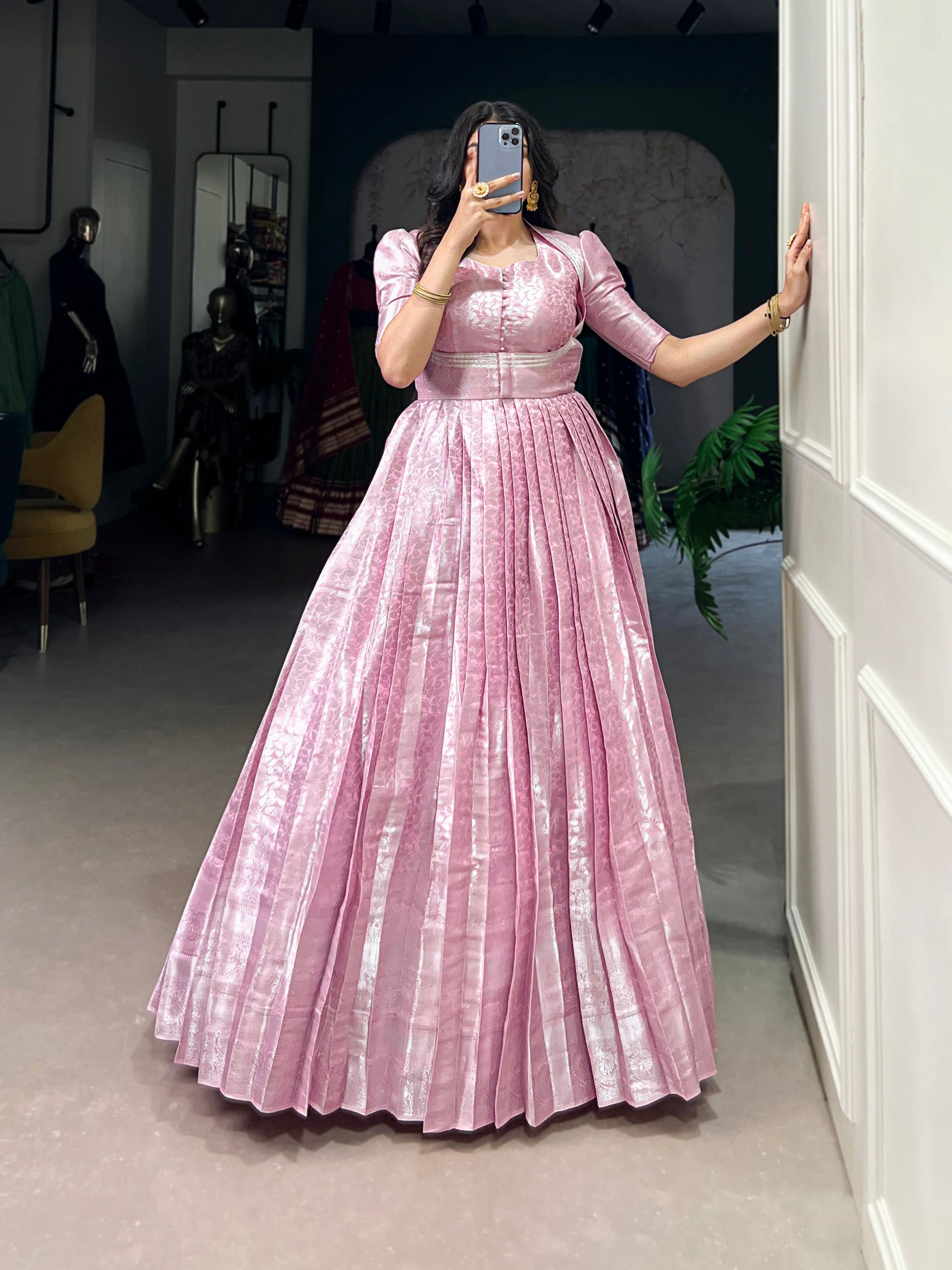 Lorenvalley Fashion Pink Kanjivaram Zari Weaving Work With Lace Touch Up Gown with Koti - Swadesiicart