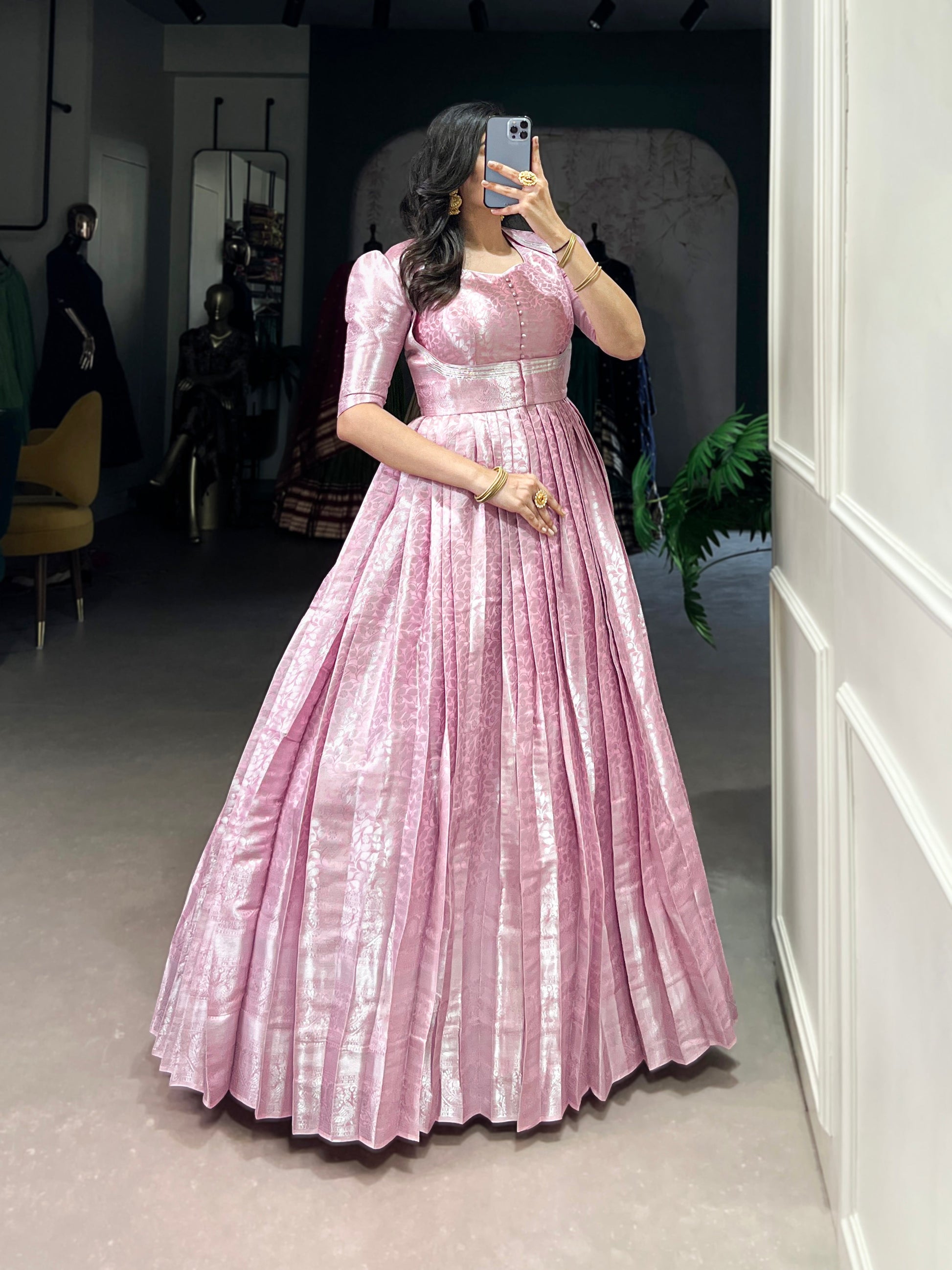 Lorenvalley Fashion Pink Kanjivaram Zari Weaving Work With Lace Touch Up Gown with Koti - Swadesiicart