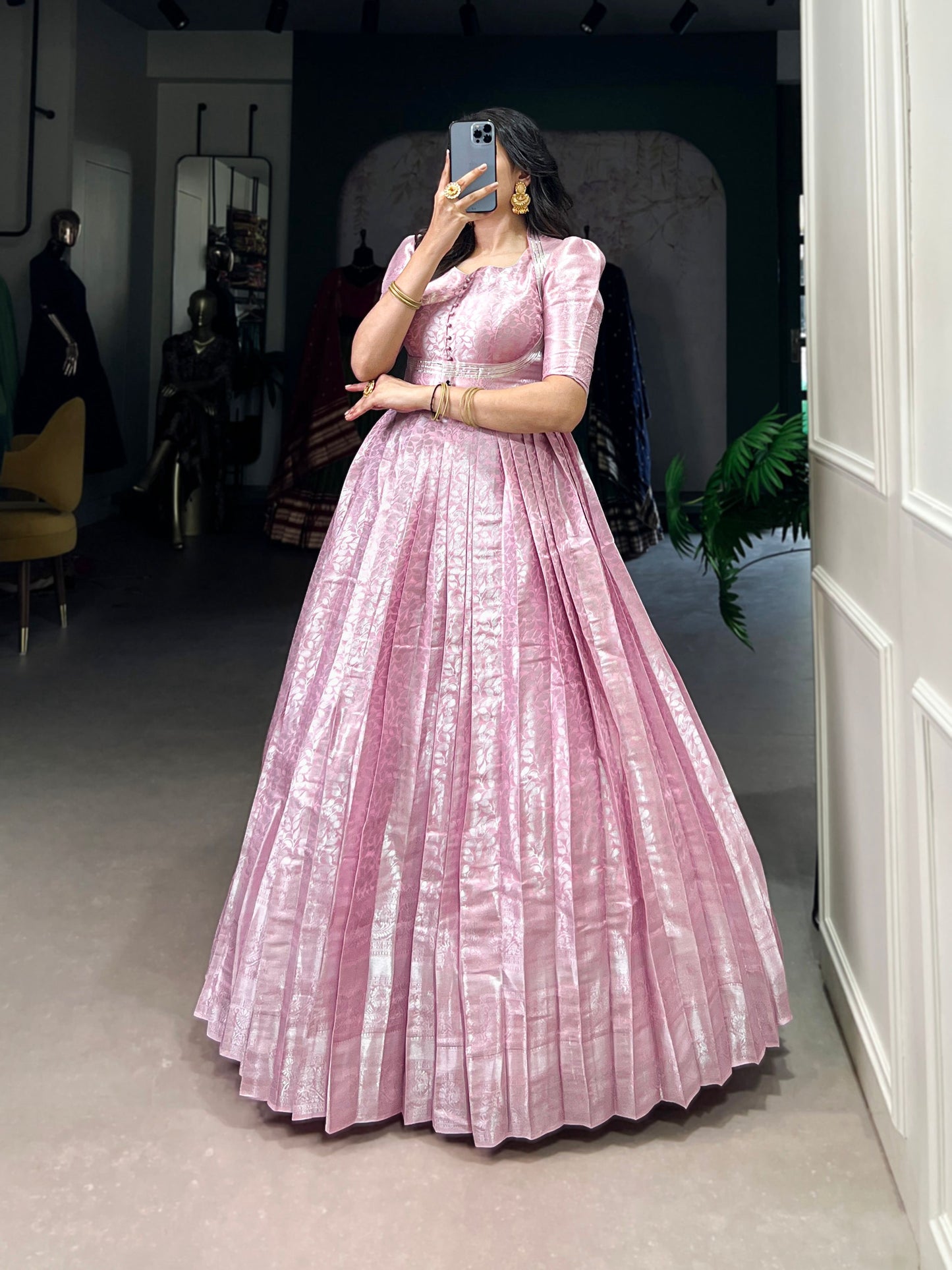 Lorenvalley Fashion Pink Kanjivaram Zari Weaving Work With Lace Touch Up Gown with Koti - Swadesiicart