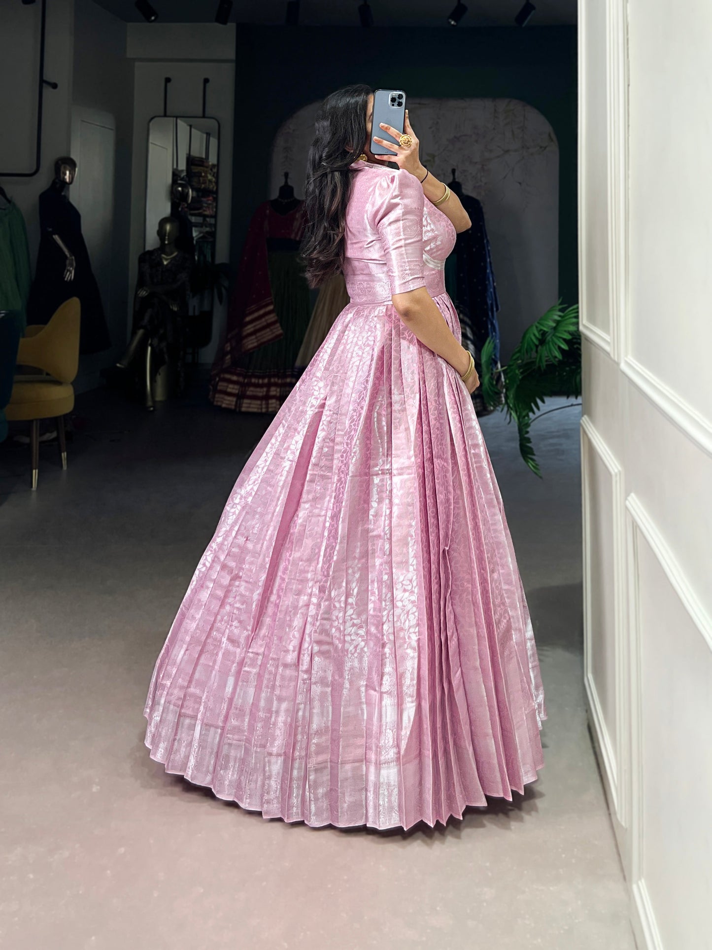Lorenvalley Fashion Pink Kanjivaram Zari Weaving Work With Lace Touch Up Gown with Koti - Swadesiicart