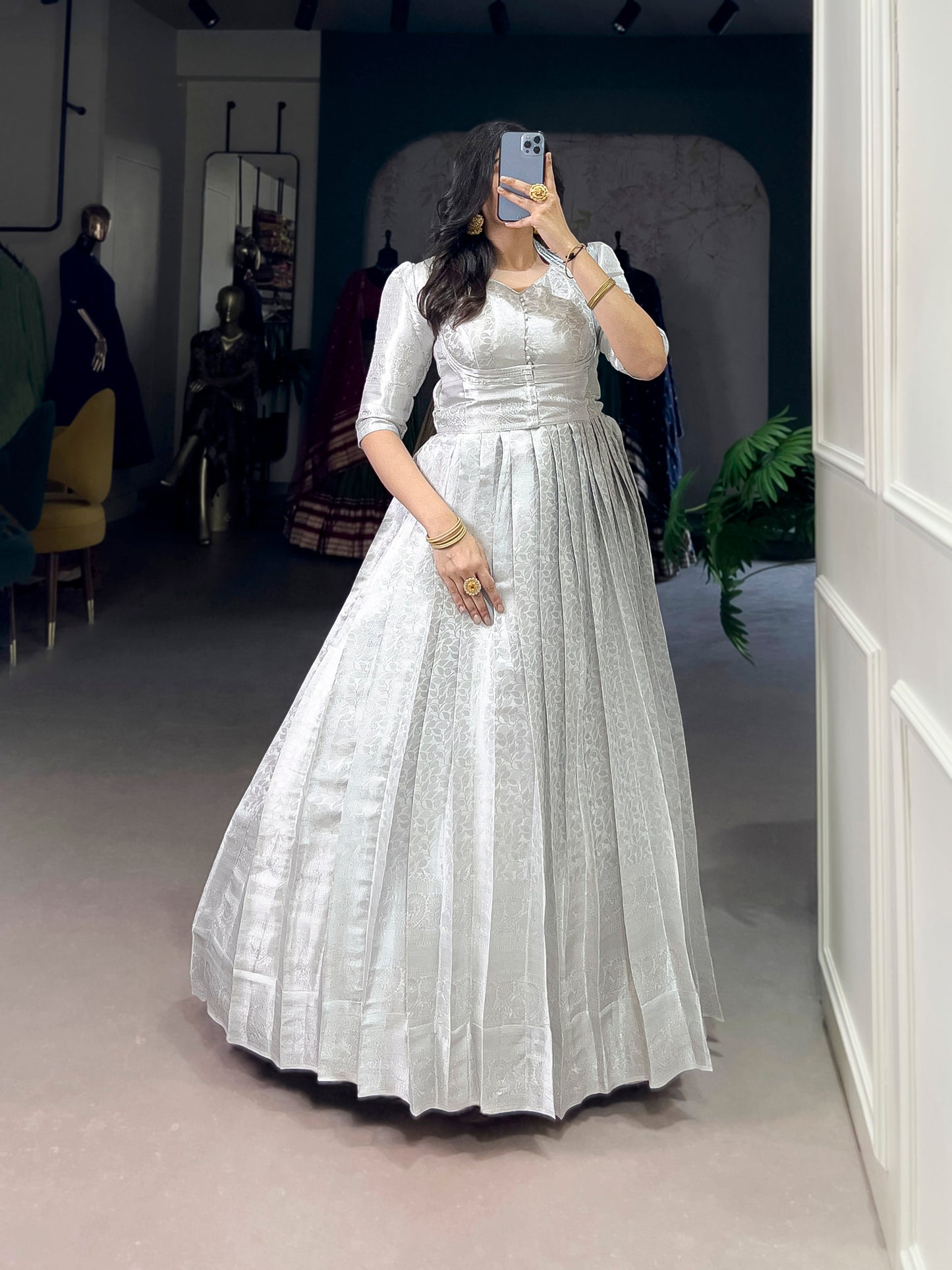 Lorenvalley Fashion Off White Kanjivaram Zari Weaving Work With Lace Touch Up Gown with Koti - Swadesiicart