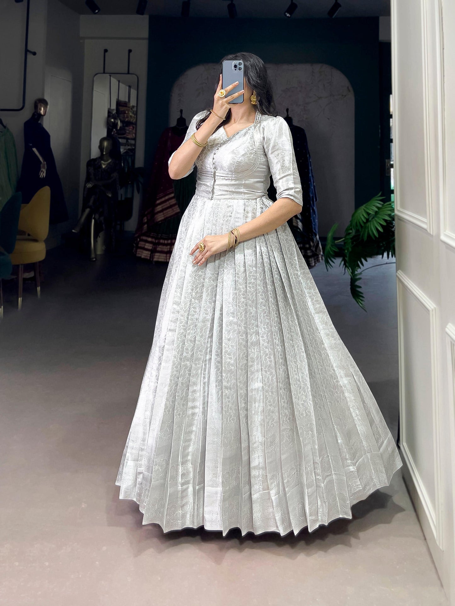 Lorenvalley Fashion Off White Kanjivaram Zari Weaving Work With Lace Touch Up Gown with Koti - Swadesiicart