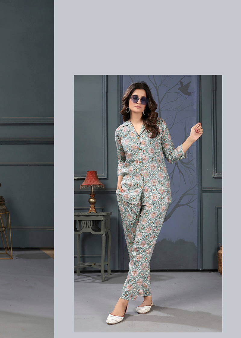 Monjolika Fashion Light Grey Rayon Printed Casual Wear Co Ord Set - Swadesiicart