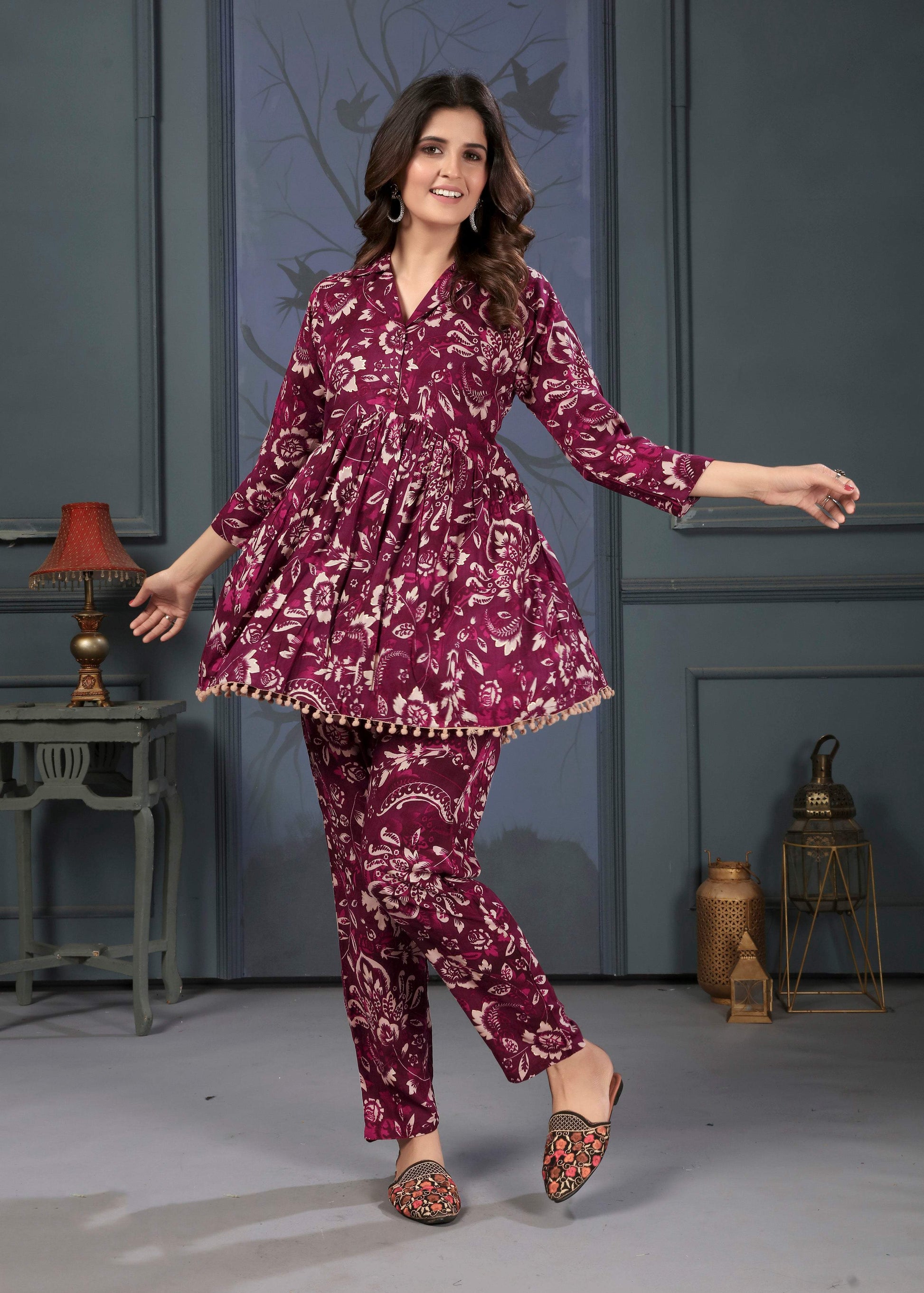 Monjolika Fashion Wine Rayon Printed Casual Wear Co Ord Set - Swadesiicart
