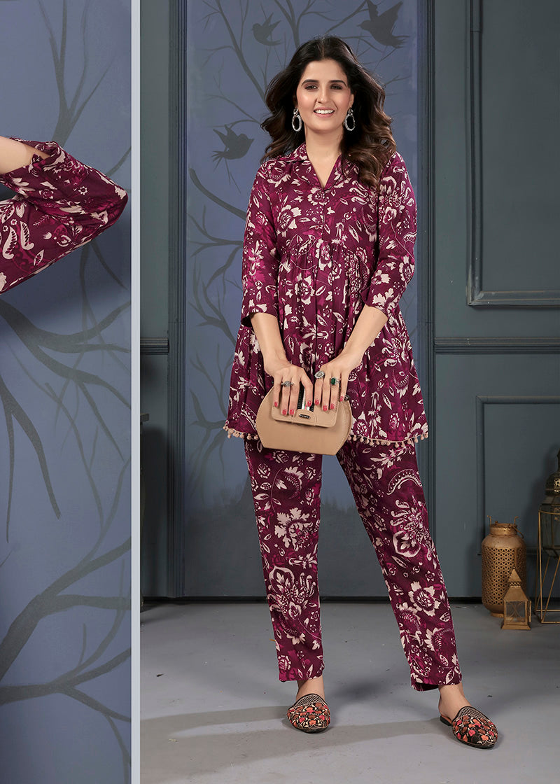 Monjolika Fashion Wine Rayon Printed Casual Wear Co Ord Set - Swadesiicart