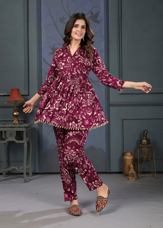 Monjolika Fashion Wine Rayon Printed Casual Wear Co Ord Set - Swadesiicart