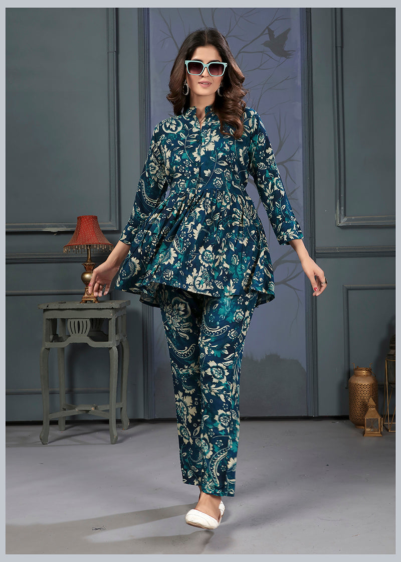 Monjolika Fashion Teal Blue Rayon Printed Casual Wear Co Ord Set - Swadesiicart