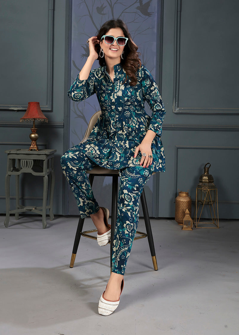 Monjolika Fashion Teal Blue Rayon Printed Casual Wear Co Ord Set - Swadesiicart