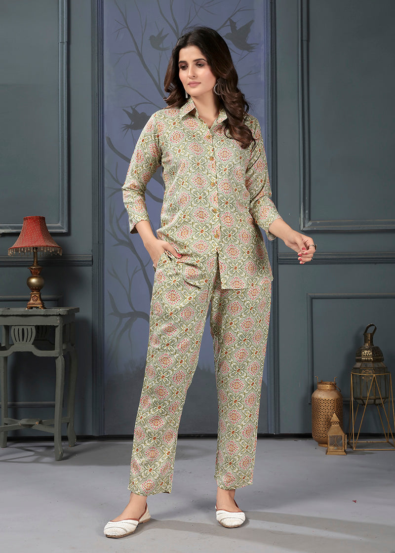 Monjolika Fashion Beige Rayon Printed Casual Wear Co Ord Set - Swadesiicart