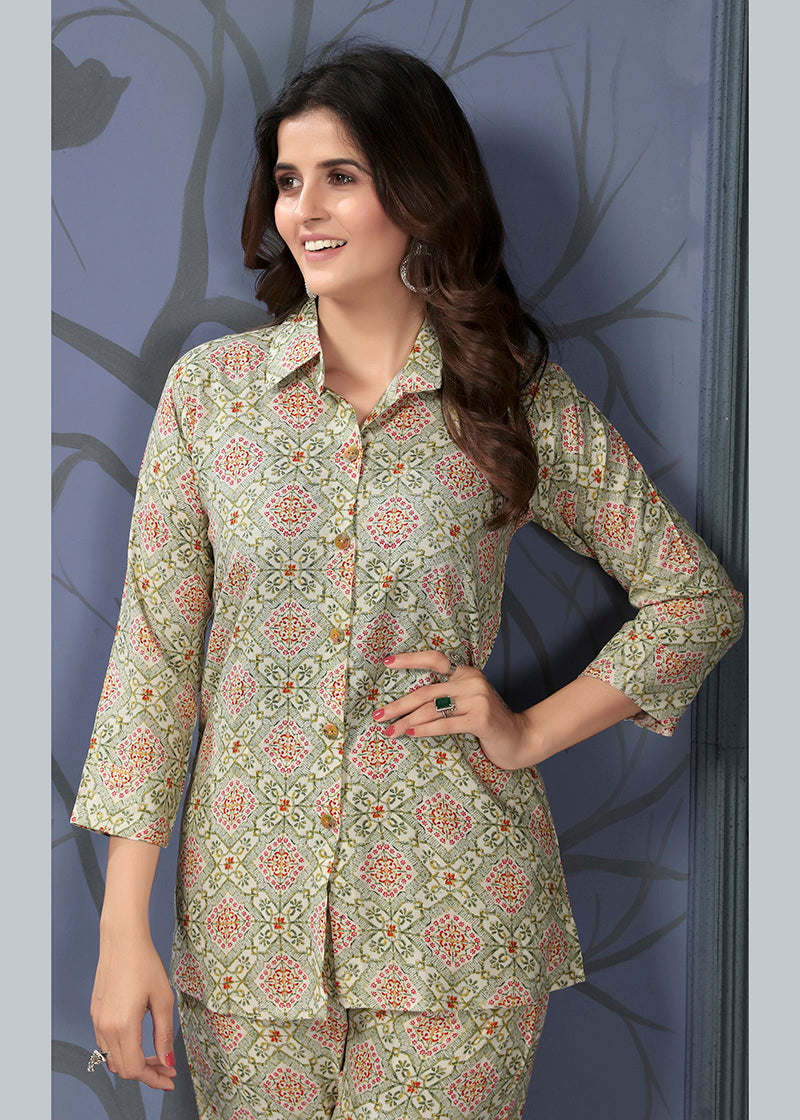 Monjolika Fashion Beige Rayon Printed Casual Wear Co Ord Set - Swadesiicart