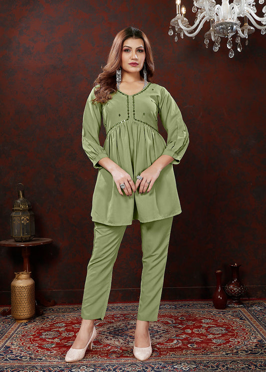 Monjolika Fashion Olive Maaza Cotton With Hand Work Trendy Co Ord Set - Swadesiicart