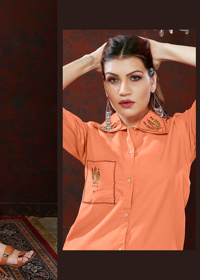 Monjolika Fashion Peach Maaza Cotton With Hand Work Trendy Co Ord Set - Swadesiicart