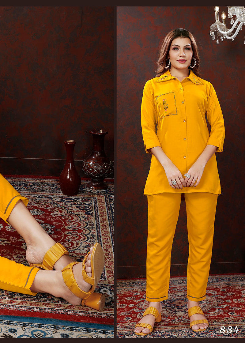 Monjolika Fashion Yellow Maaza Cotton With Hand Work Trendy Co Ord Set - Swadesiicart