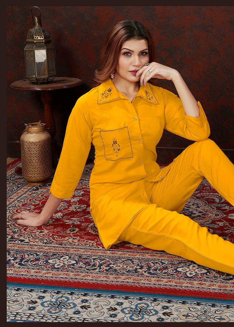 Monjolika Fashion Yellow Maaza Cotton With Hand Work Trendy Co Ord Set - Swadesiicart