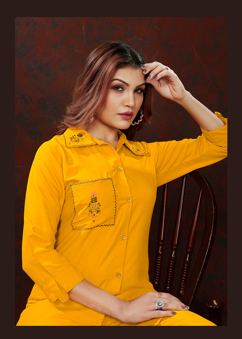 Monjolika Fashion Yellow Maaza Cotton With Hand Work Trendy Co Ord Set - Swadesiicart