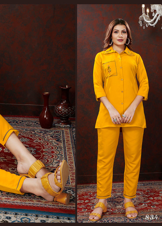 Monjolika Fashion Yellow Maaza Cotton With Hand Work Trendy Co Ord Set - Swadesiicart