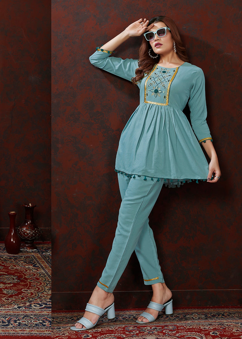 Monjolika Fashion Light Blue Maaza Cotton With Hand Work Trendy Co Ord Set - Swadesiicart