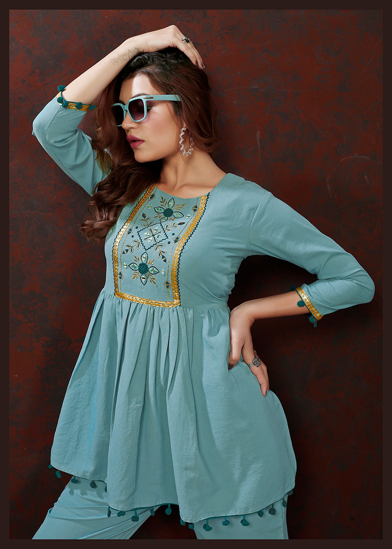Monjolika Fashion Light Blue Maaza Cotton With Hand Work Trendy Co Ord Set - Swadesiicart