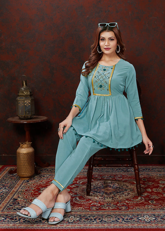 Monjolika Fashion Light Blue Maaza Cotton With Hand Work Trendy Co Ord Set - Swadesiicart
