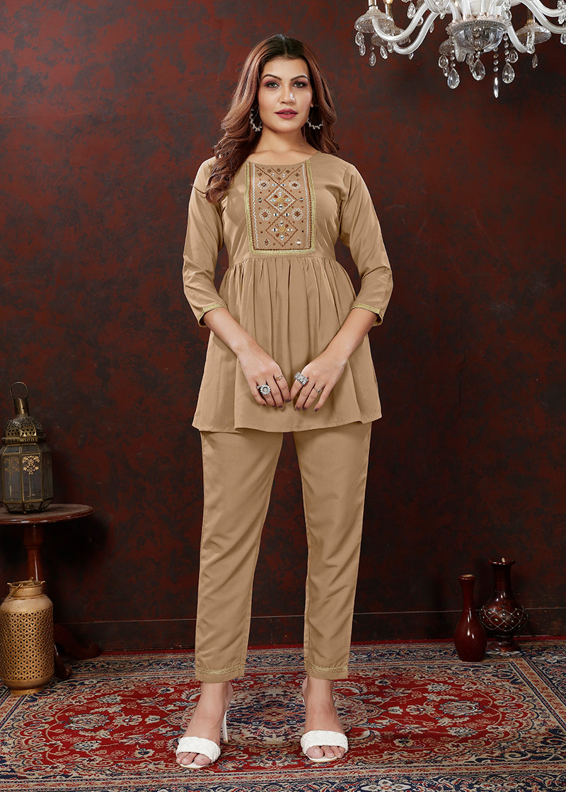 Monjolika Fashion Beige Maaza Cotton With Hand Work Trendy Co Ord Set - Swadesiicart