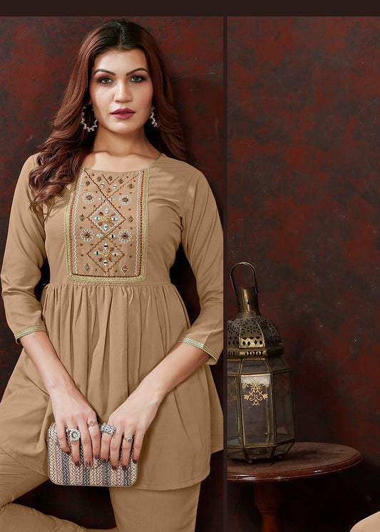 Monjolika Fashion Beige Maaza Cotton With Hand Work Trendy Co Ord Set - Swadesiicart