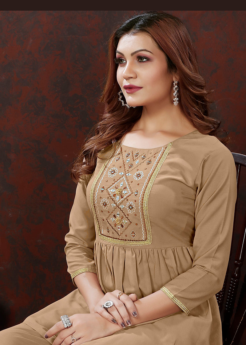 Monjolika Fashion Beige Maaza Cotton With Hand Work Trendy Co Ord Set - Swadesiicart