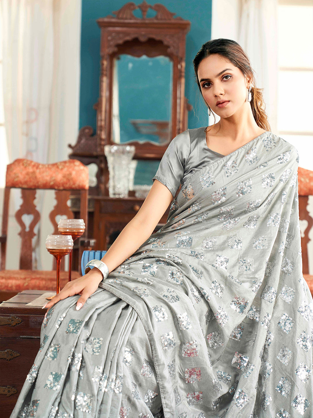 Tikhi Imli Embellished Sequinned Heavy Work Saree | Swadesiicart