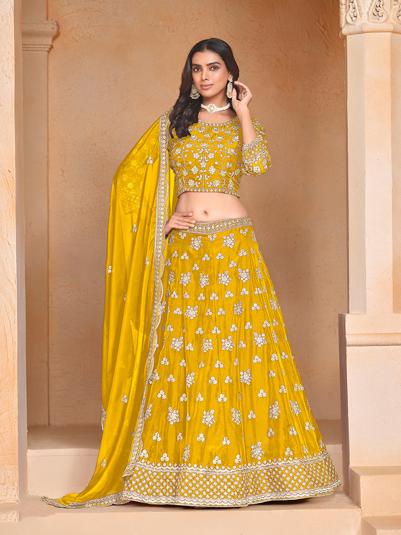 Monjolika Fashion Embroidered Art Silk Yellow Designer Lehenga Choli - Swadesiicart