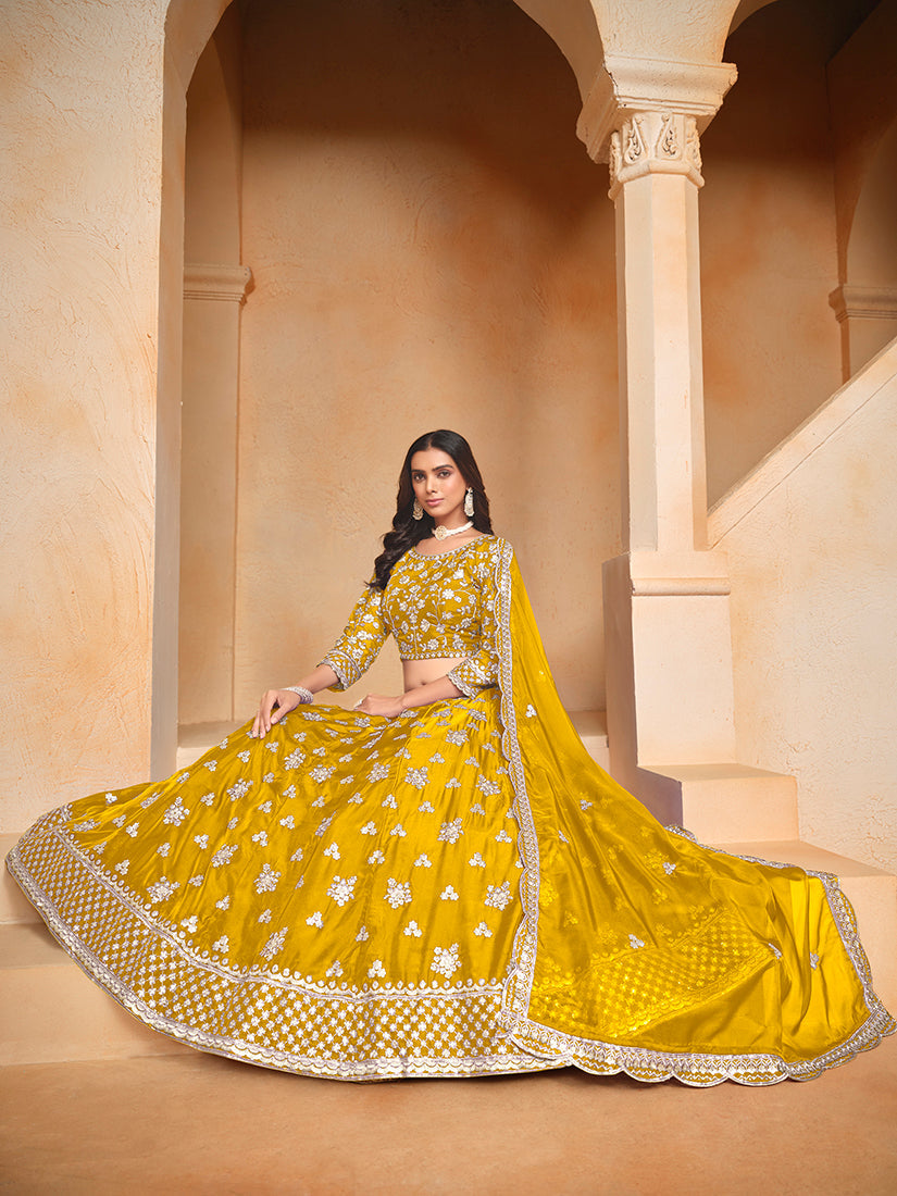 Monjolika Fashion Embroidered Art Silk Yellow Designer Lehenga Choli - Swadesiicart