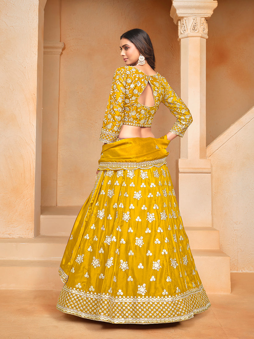 Monjolika Fashion Embroidered Art Silk Yellow Designer Lehenga Choli - Swadesiicart