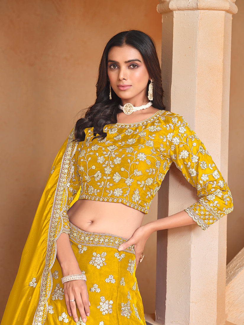 Monjolika Fashion Embroidered Art Silk Yellow Designer Lehenga Choli - Swadesiicart