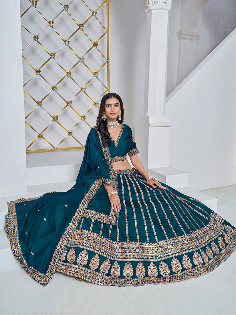 Monjolika Fashion Embroidered Art Silk Trendy Lehenga Choli In Teal - Swadesiicart