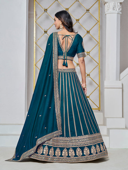 Monjolika Fashion Embroidered Art Silk Trendy Lehenga Choli In Teal - Swadesiicart