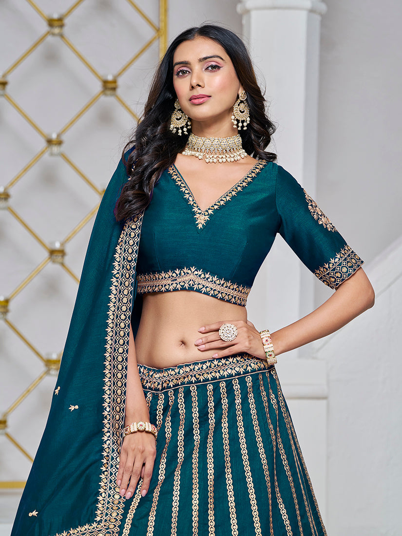 Monjolika Fashion Embroidered Art Silk Trendy Lehenga Choli In Teal - Swadesiicart