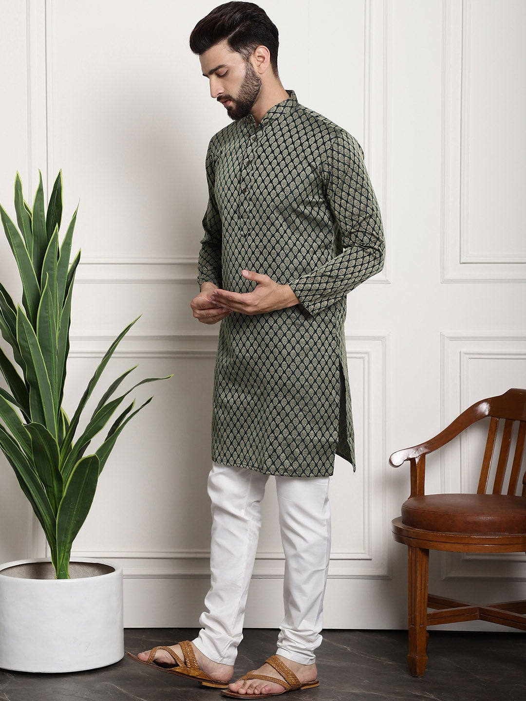 Sojanya Men Green & Off-White Woven Design Kurta with Churidar | Swadesiicart