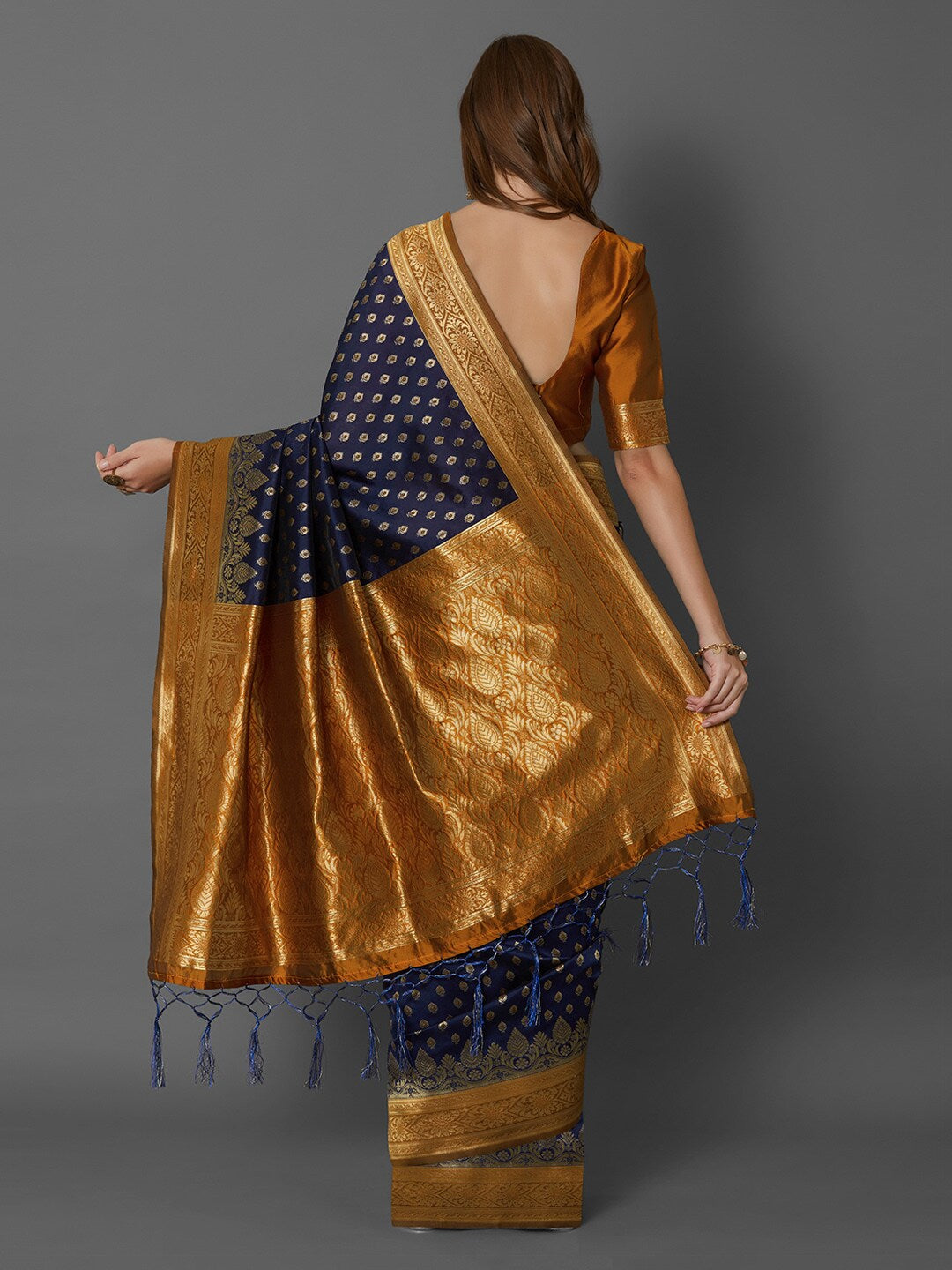 Mitera Navy Blue Silk Blend Woven Design Banarasi Saree | Swadesiicart