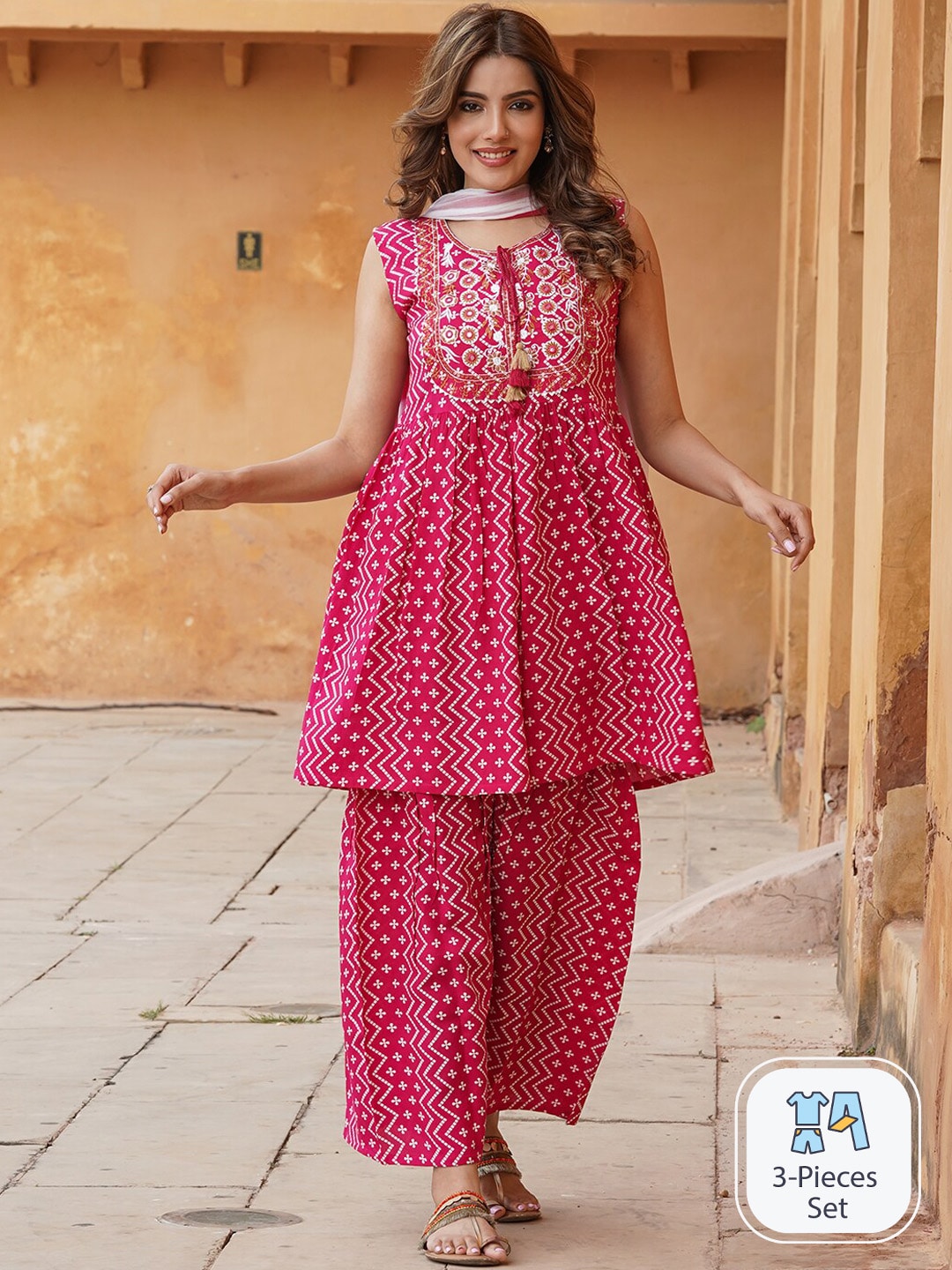 Kalini Ethnic Motifs Printed A-Line Kurta With Sharara & Dupatta | Swadesiicart