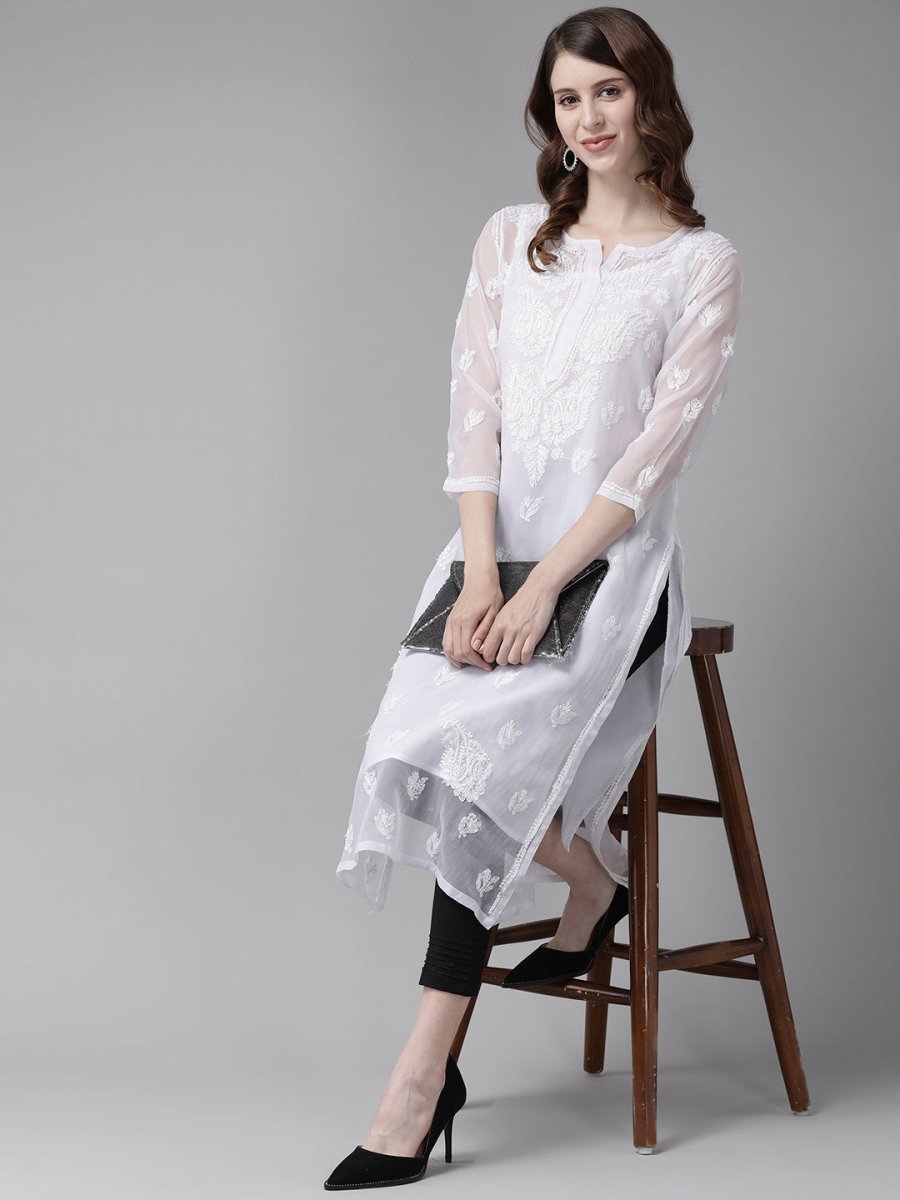 ADA Women White & Black Chikankari Embroidered Handloom Kurta & Slip with Churidar | Swadesiicart