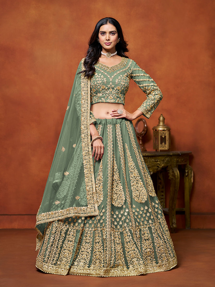Monjolika Fashion Net Green Embroidered Designer Lehenga Choli - Swadesiicart