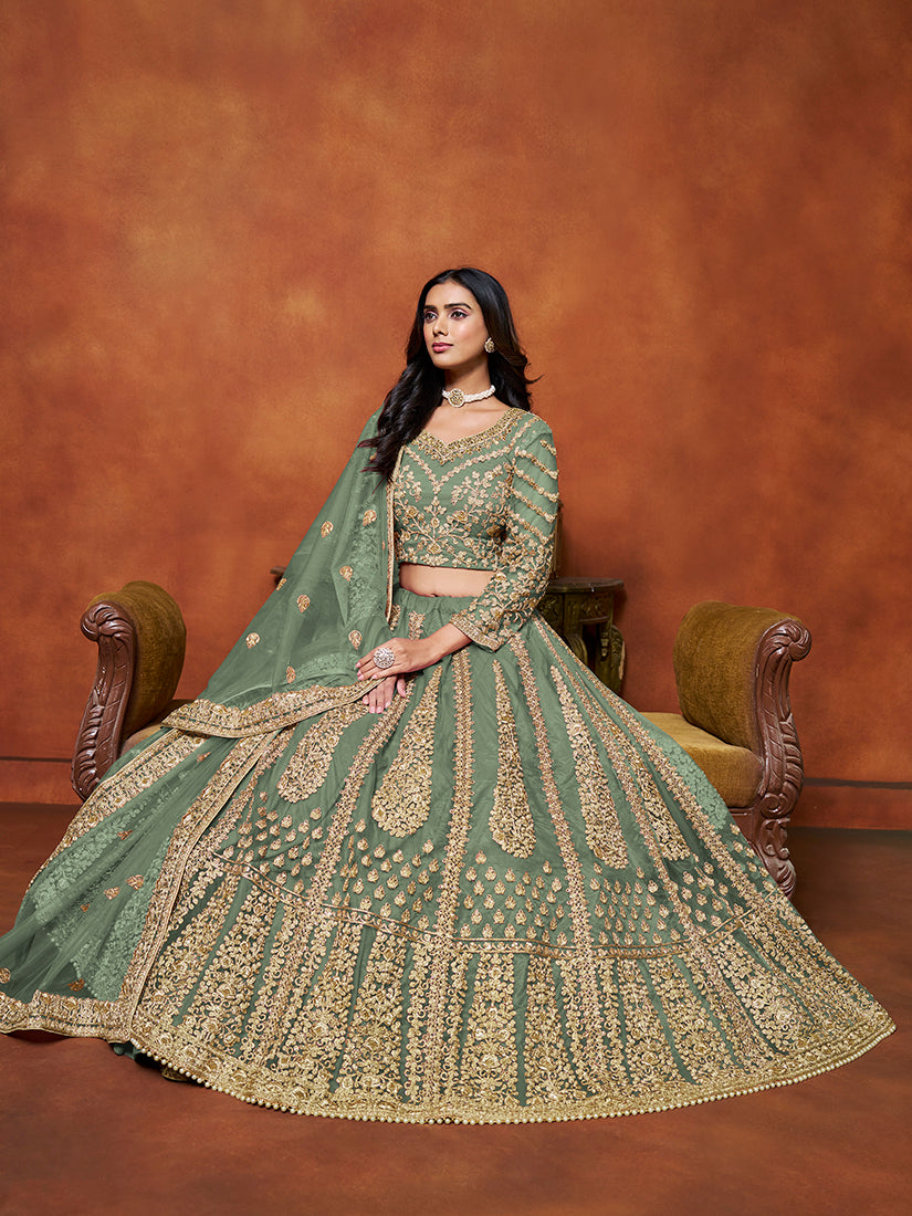 Monjolika Fashion Net Green Embroidered Designer Lehenga Choli - Swadesiicart