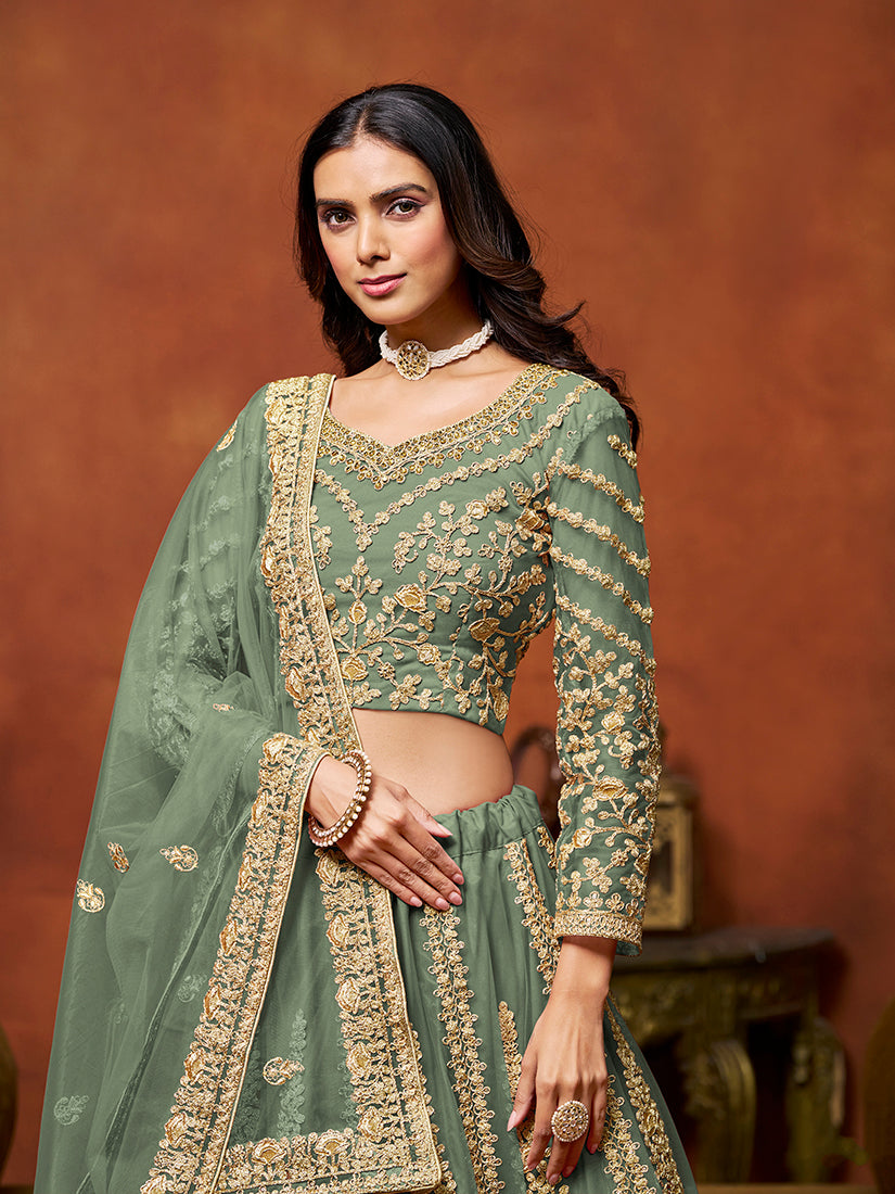 Monjolika Fashion Net Green Embroidered Designer Lehenga Choli - Swadesiicart