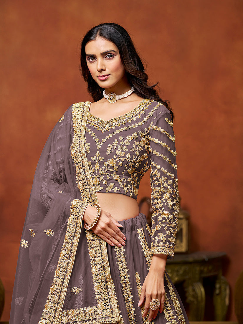 Monjolika Fashion Net Purple Embroidered Designer Lehenga Choli - Swadesiicart