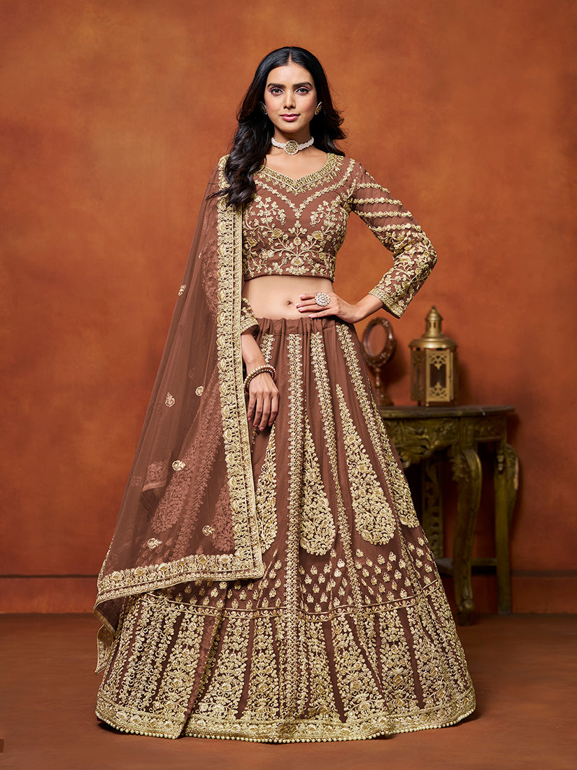 Monjolika Fashion Net Brown Embroidered Designer Lehenga Choli - Swadesiicart