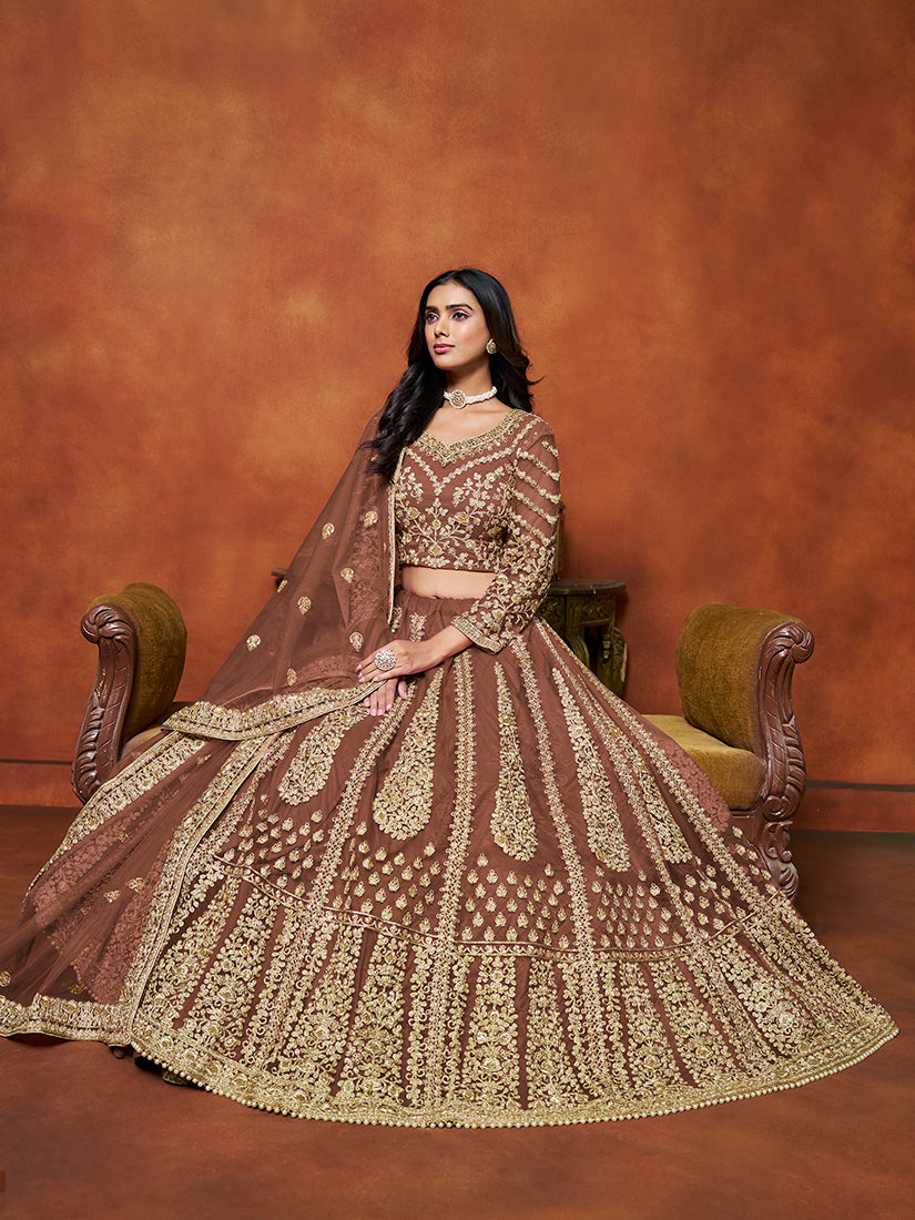 Monjolika Fashion Net Brown Embroidered Designer Lehenga Choli - Swadesiicart