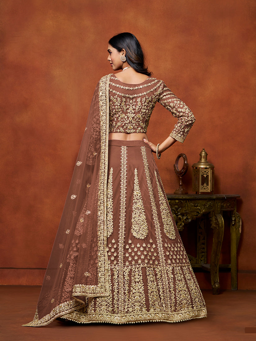 Monjolika Fashion Net Brown Embroidered Designer Lehenga Choli - Swadesiicart