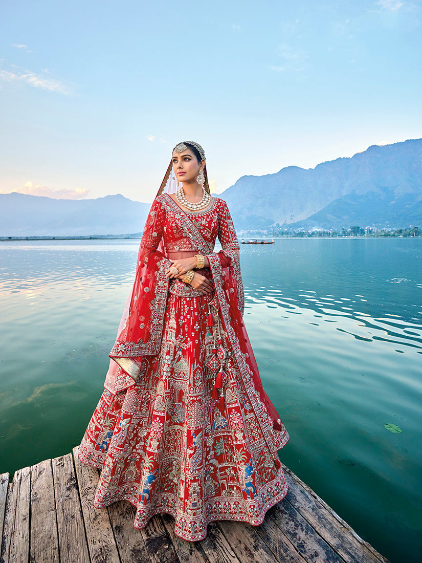 Monjolika Fashion Red Silk Embroidered Sequins Thread And Zari Work Bridal Trendy Lehenga Choli - Swadesiicart