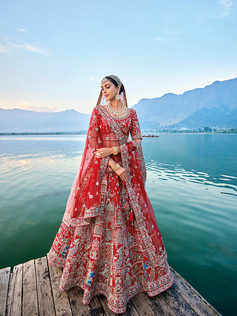 Monjolika Fashion Red Silk Embroidered Sequins Thread And Zari Work Bridal Trendy Lehenga Choli - Swadesiicart