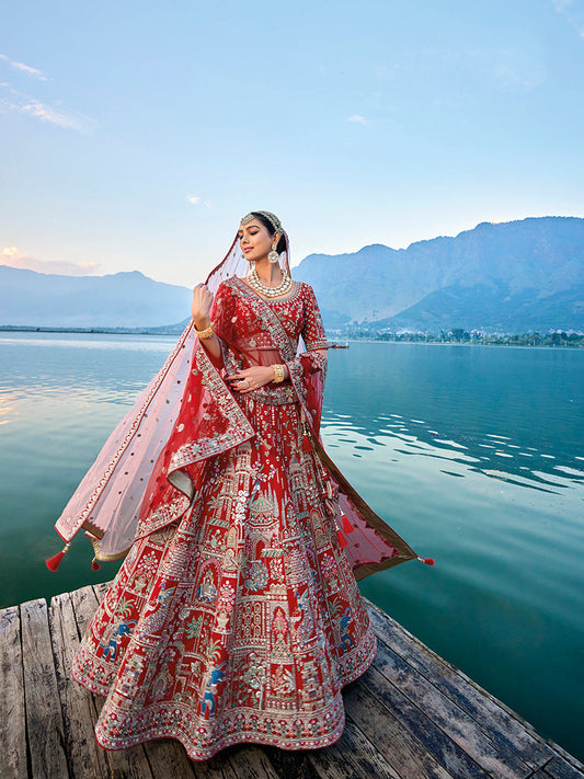 Monjolika Fashion Red Silk Embroidered Sequins Thread And Zari Work Bridal Trendy Lehenga Choli - Swadesiicart